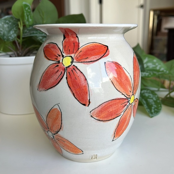 Handmade Floral Pottery Vase Stamped Signed - Picture 4 of 10